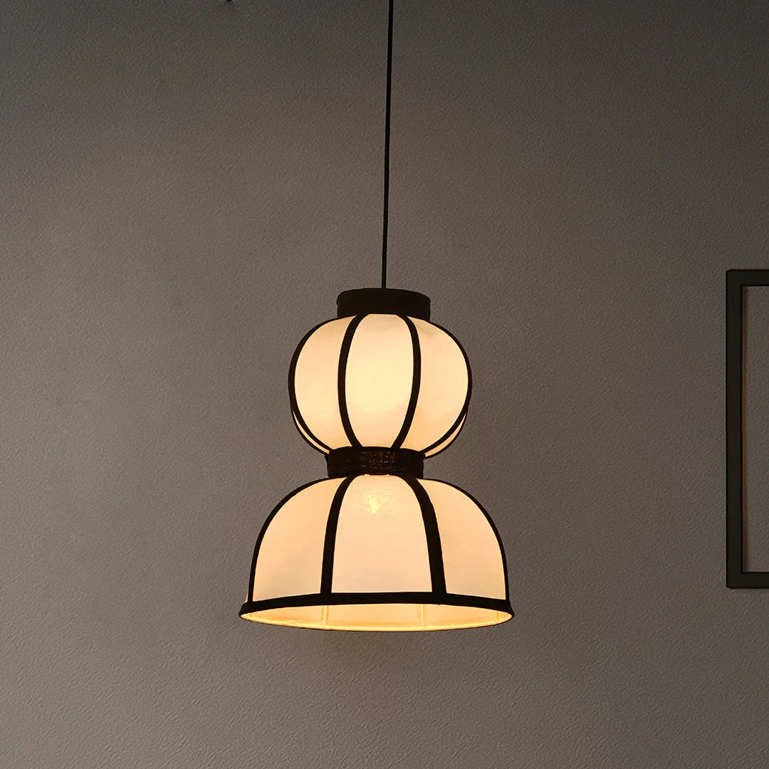 Japandi Double Bowl Fabric Pendant | Zen Asian Style White Lantern with Black Structural Ribbing | Double Bowl White Fabric Pendant Lamp