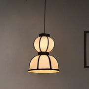 Japandi Double Bowl Fabric Pendant | Zen Asian Style White Lantern with Black Structural Ribbing | Double Bowl White Fabric Pendant Lamp