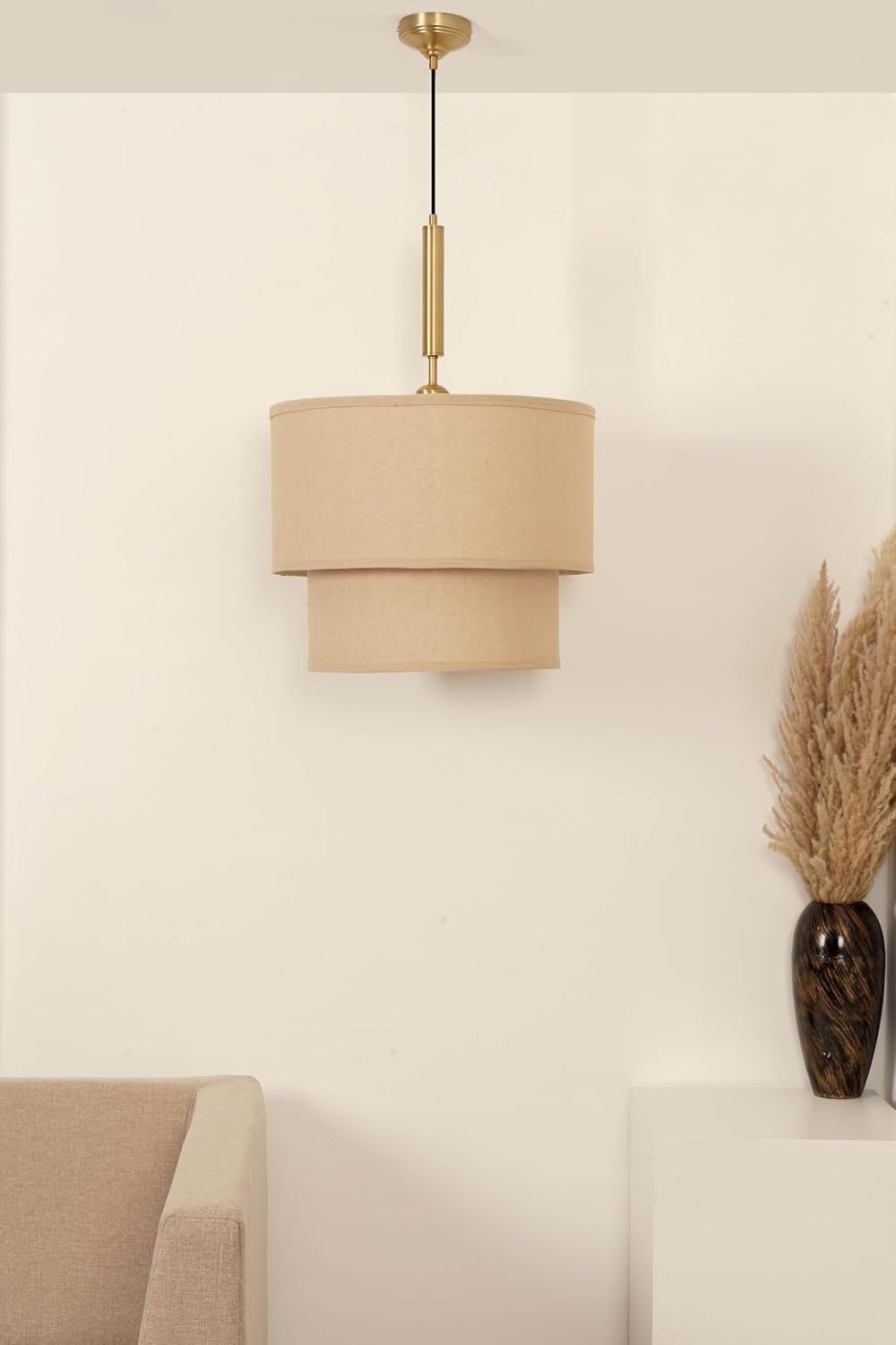 Double Beige Cotton Fabric Pendant Hanging Light Antique Brass Finish for Home Decoration, Restaurants, Cafes