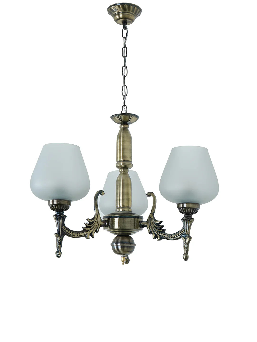 Antique Brass 16 Inch Wide Steel 3-Light Mini Ceiling Chandelier Hanging Light With Plain Frosted Goblet Glass Shades