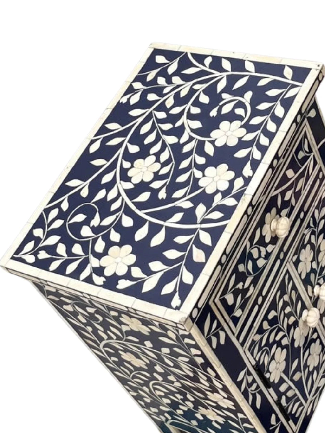 Floral Bone Inlay Bedside Table – Black Elegance