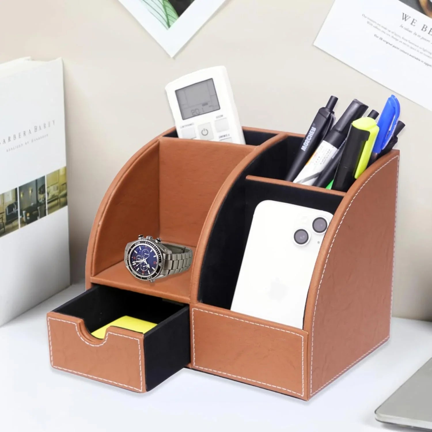 Leather Desk Organizer | Multi-Function Office Desk Organizer | Pen Stand for Office Desk