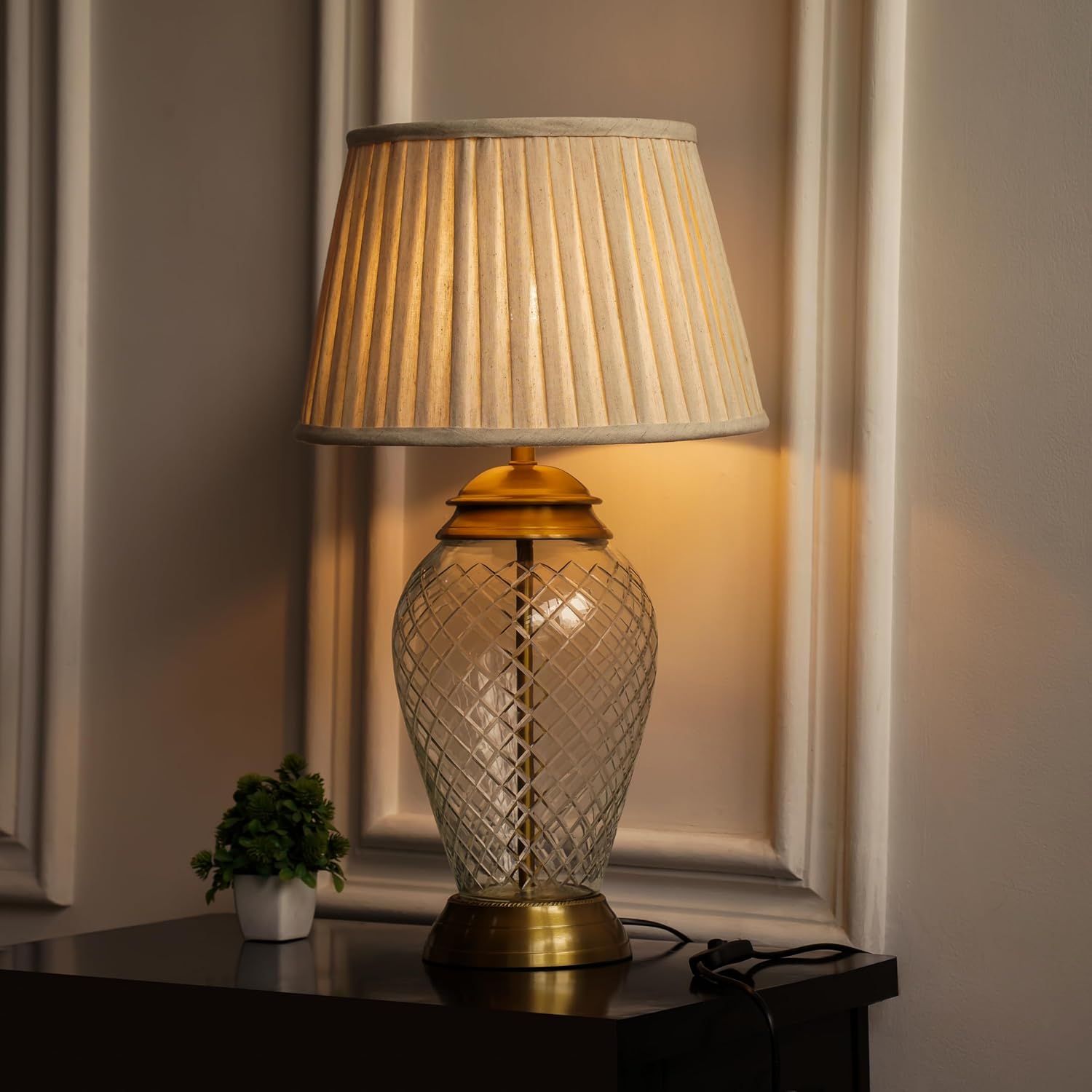 Royal Pure Brass Antique Finish And Diamond Cut Glass Table Lamp 23 Inches Height With Off White Pleated 14 Inches Diameter Lampshade