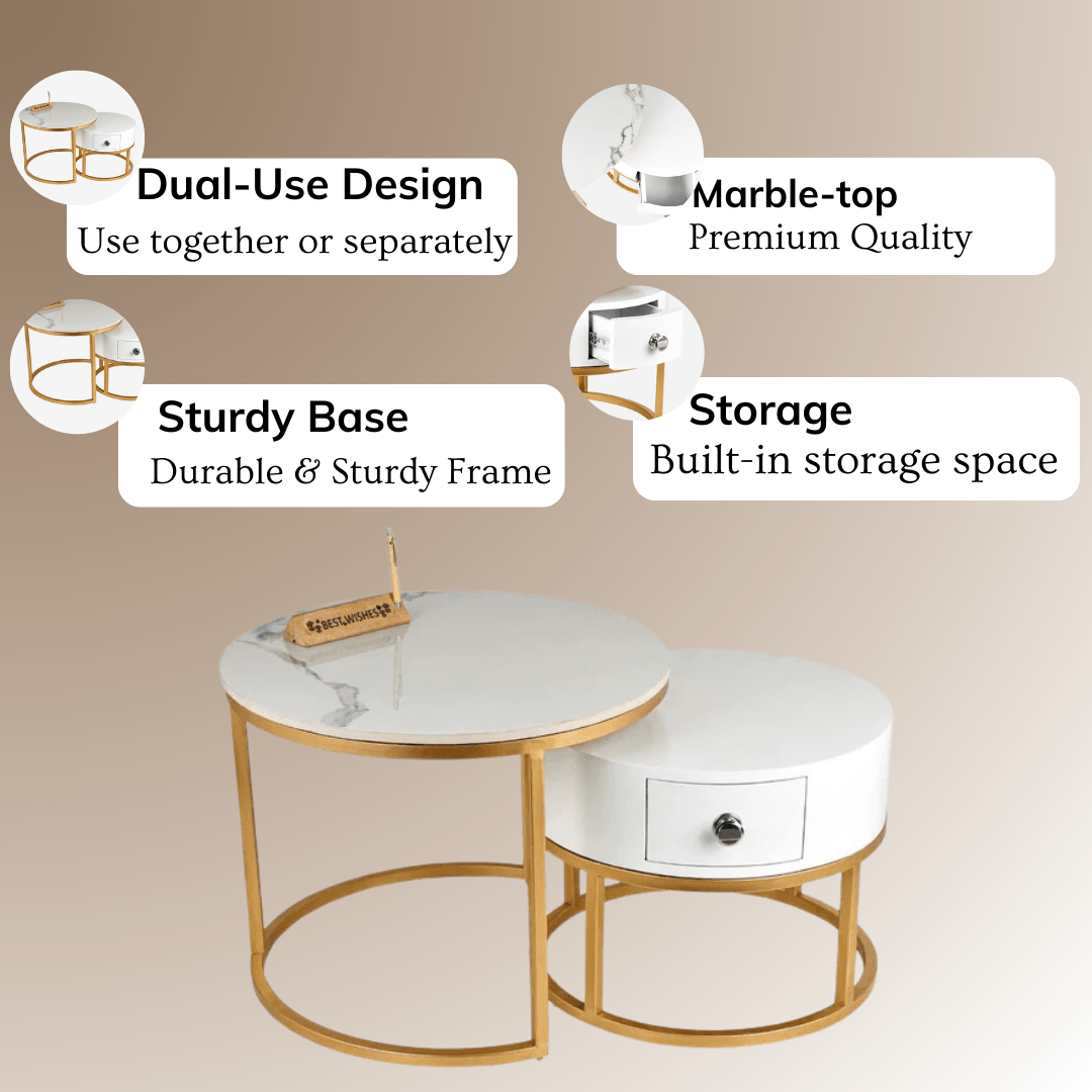 Marble And Wooden Nesting Tables With Storage | Center Coffee Table For Living Room