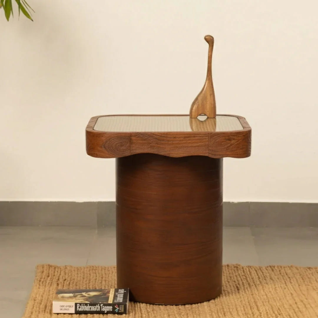 Duna Accent Table | Glass Top Cane & Teak Wood Side Table for Modern Living Spaces