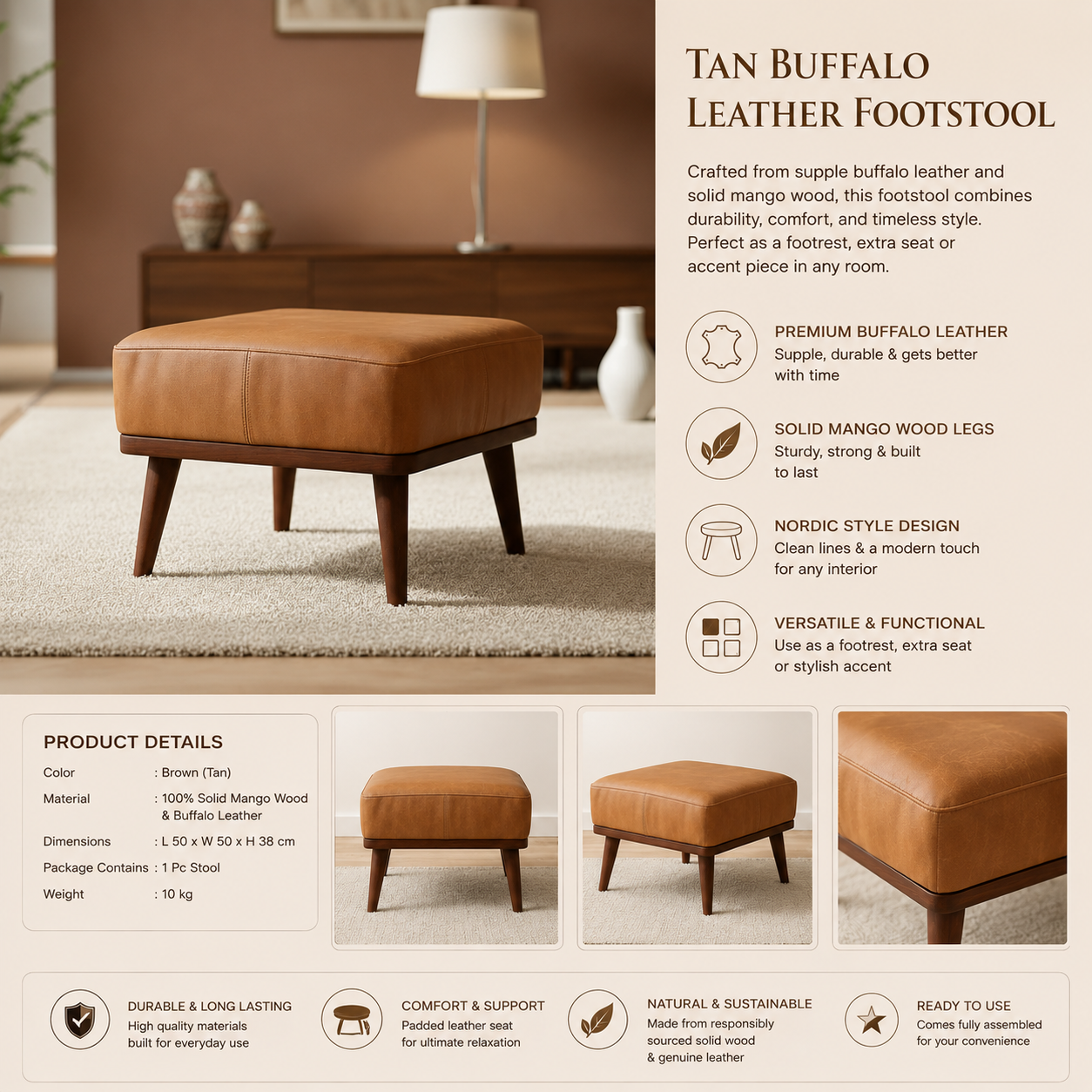 Buffalo Leather Footstool | Tan Upholstered Ottoman Stool with Mango Wood Legs