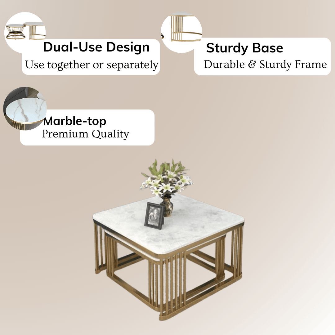 Golden & White Iron Square Frame Nest of Table | Center Table For Living Room | Tea Table