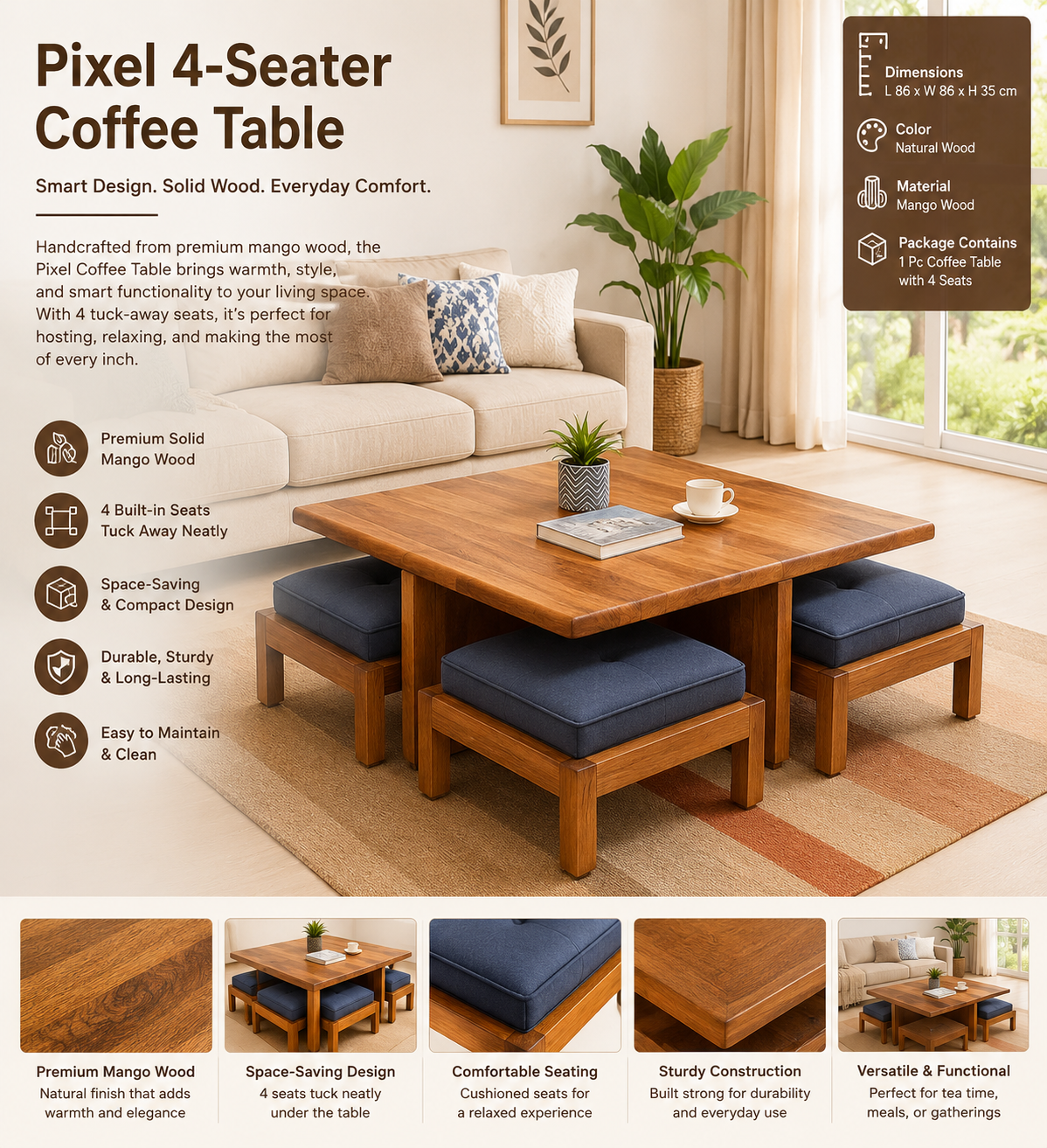 Pixel 4-Seater Coffee Table for Living Room | Mango Wood Center Table with 4 Seater Stool