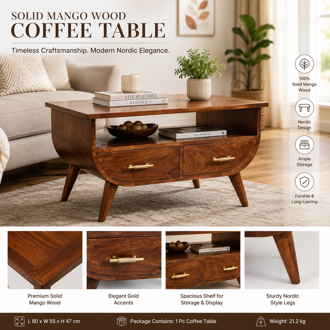 Solid Mango Wood Coffee Table with Shelf | Chestnut Finish Small Tea Table for Living Room