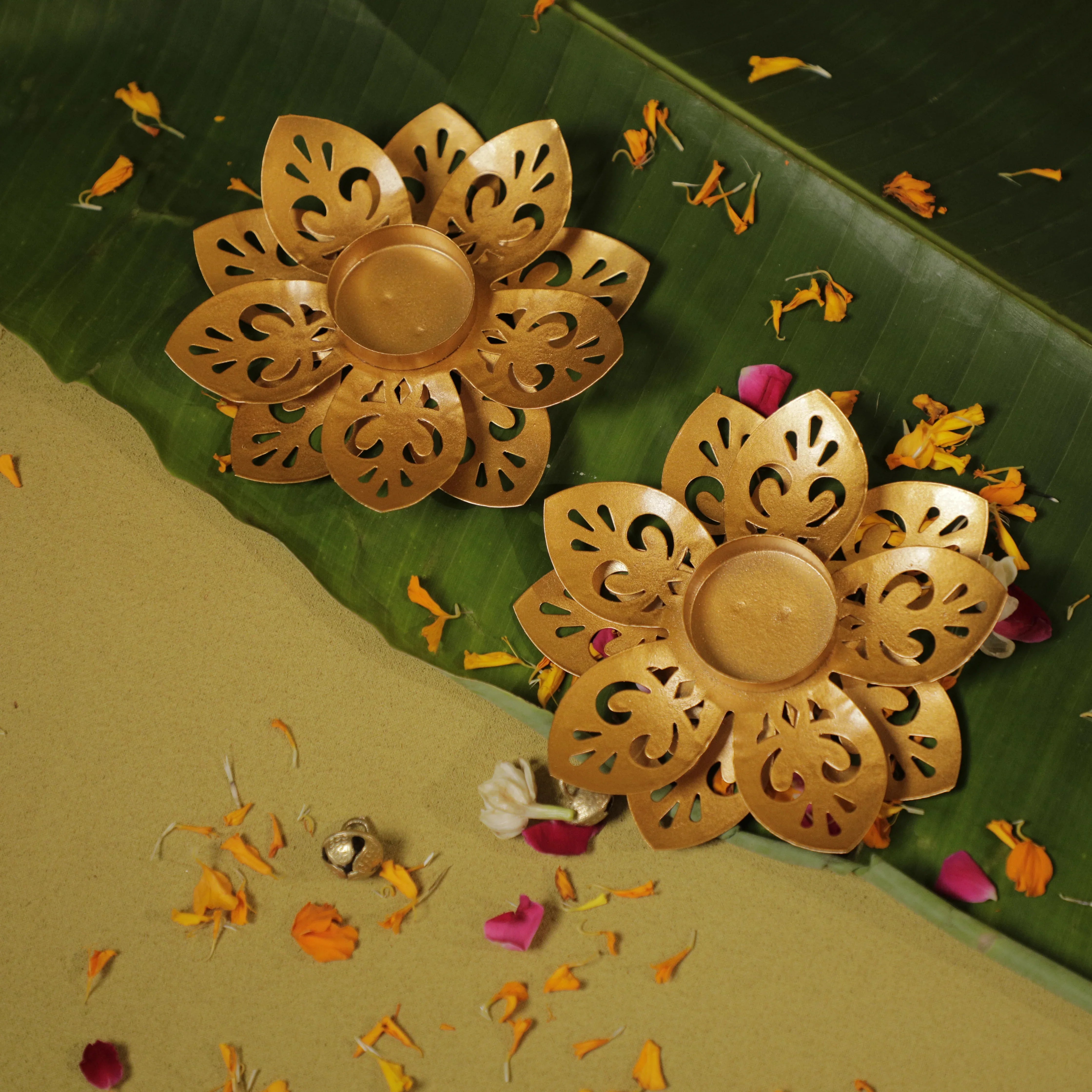 Gold Lotus Cutwork Tealight Holders | Set of 2