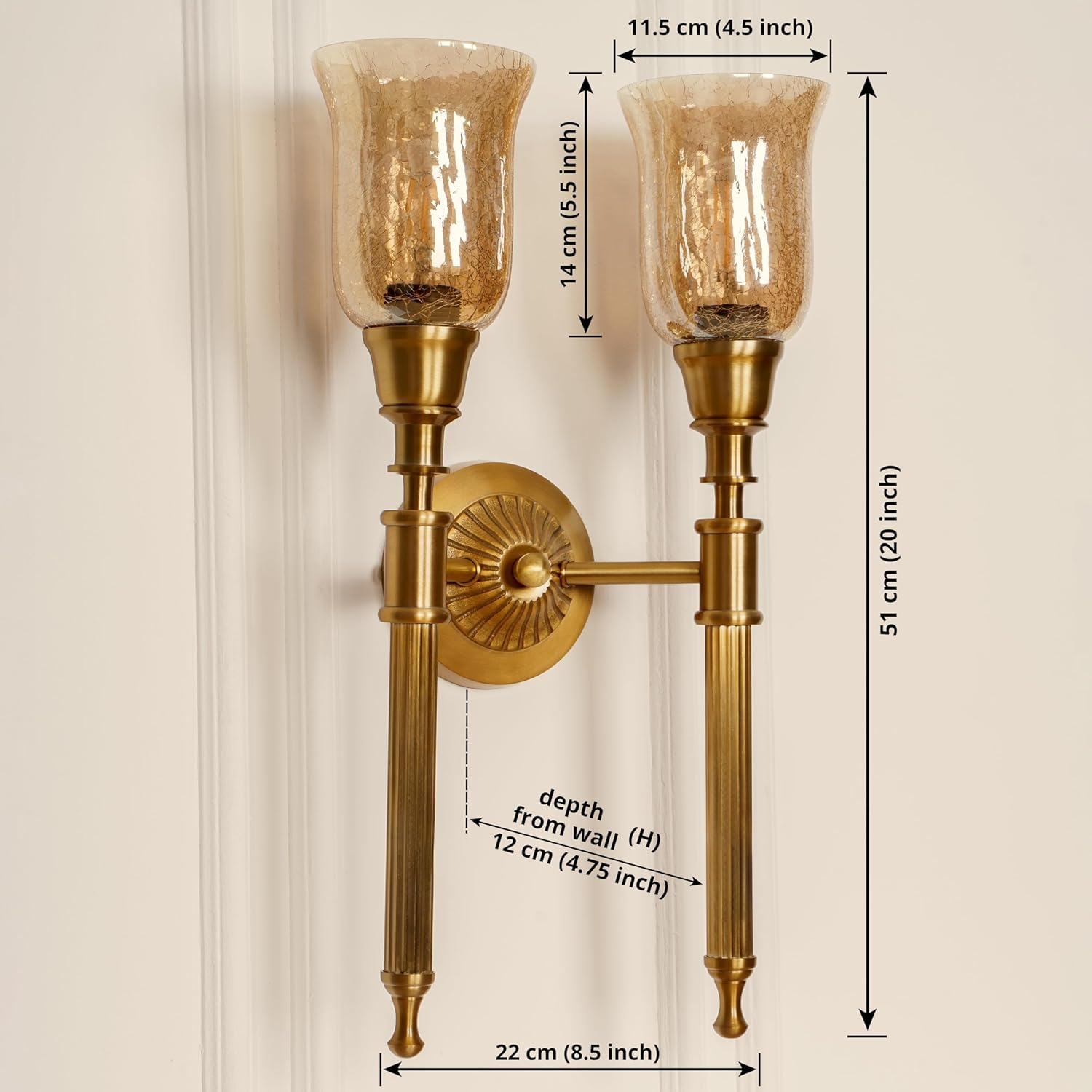 Double Corrugated Wall Lamp Antique Brass Finish with Chimney Crackled Glass Shade for Living Room, Bedroom, Home Decoration Wall Light