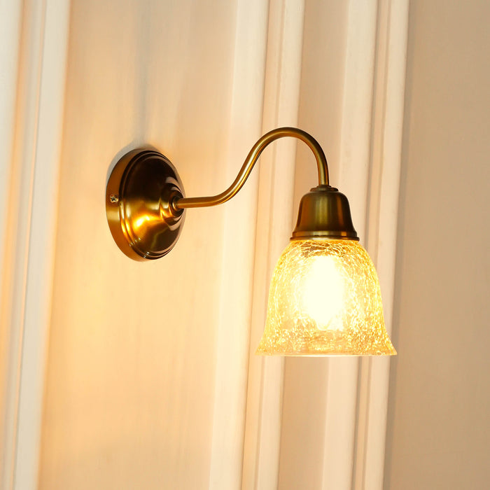 Brass Antique Finish Curved Down Wall Lamp with Cup Glass Crackled Golden Luster Shade