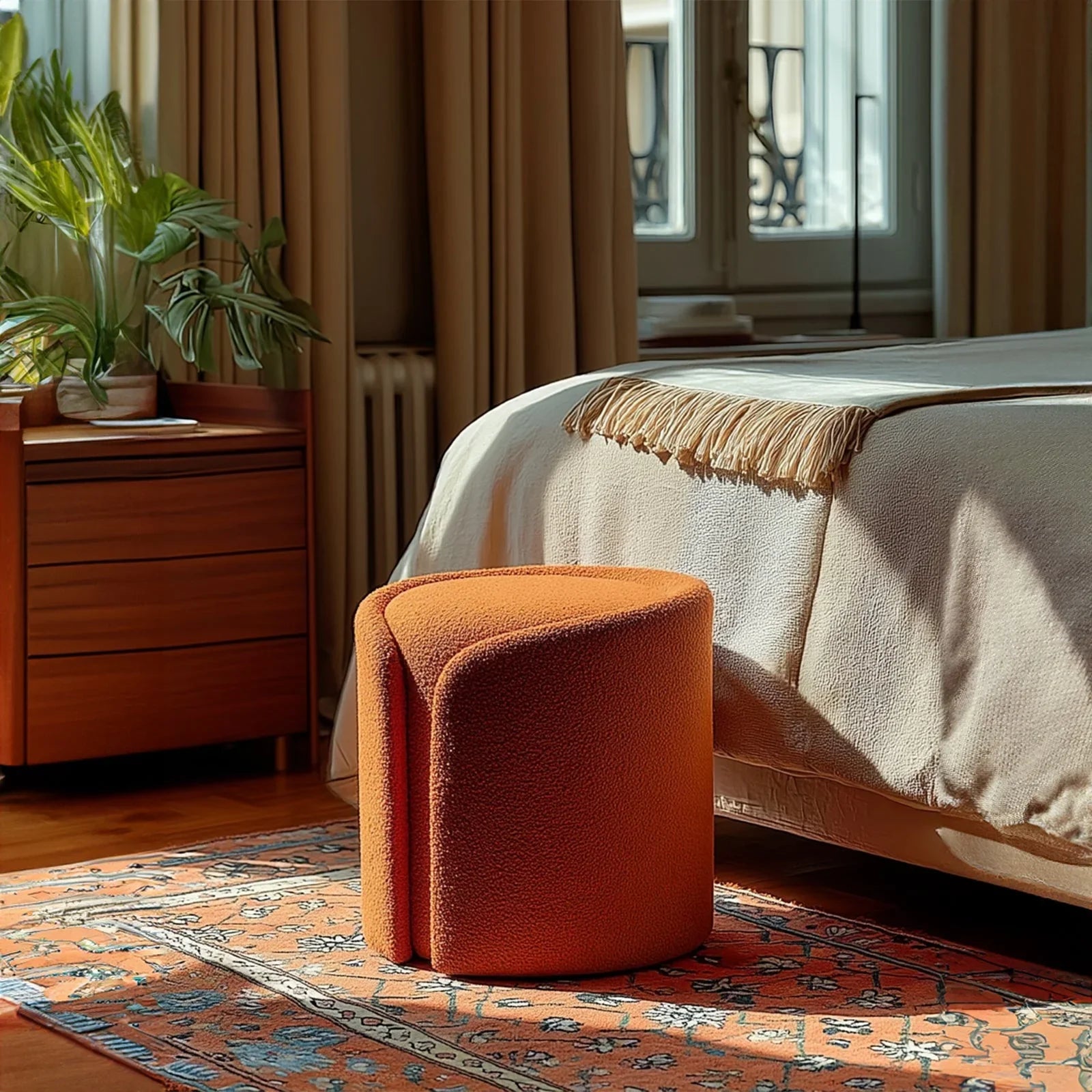 Serene Fabric Pouf | Upholstered Round Pouf for Living Room, Bedroom & Lounge Seating