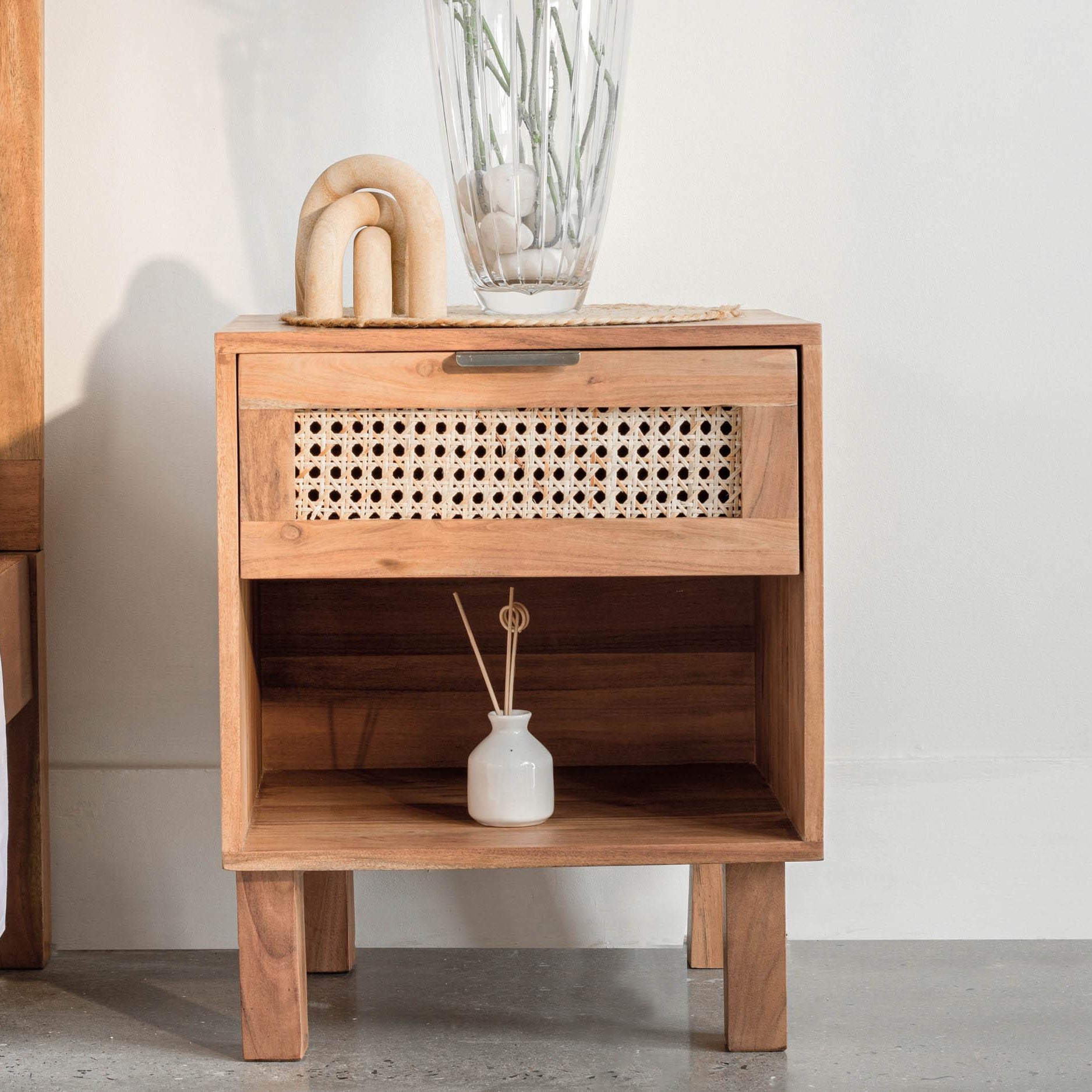 Kyoto Acacia Wood Bedside Table With Drawer & Storage For Home
