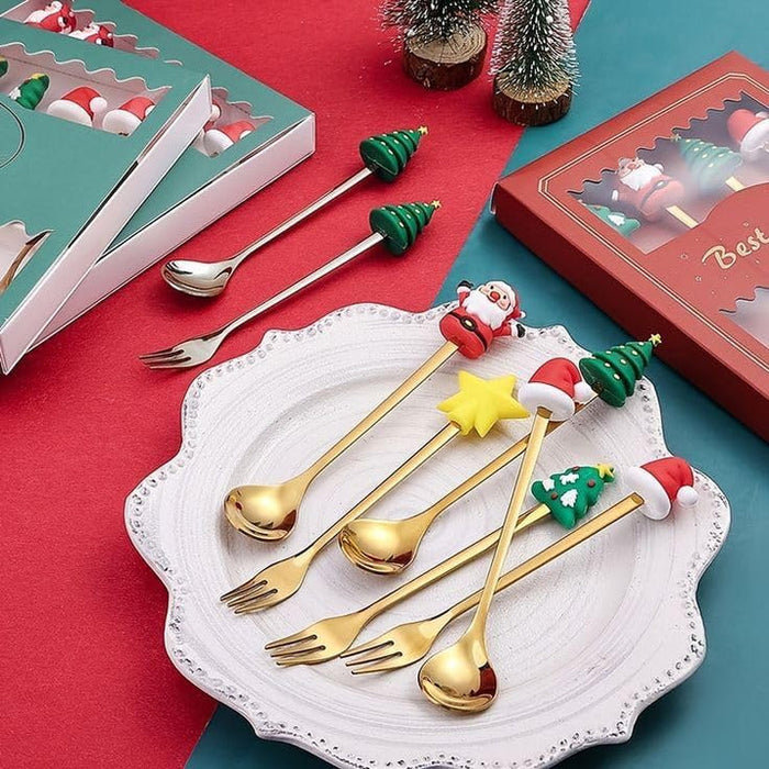 Christmas Folk And Spoon Gold Set | Premium Golden Dessert Spoon and Fork Set