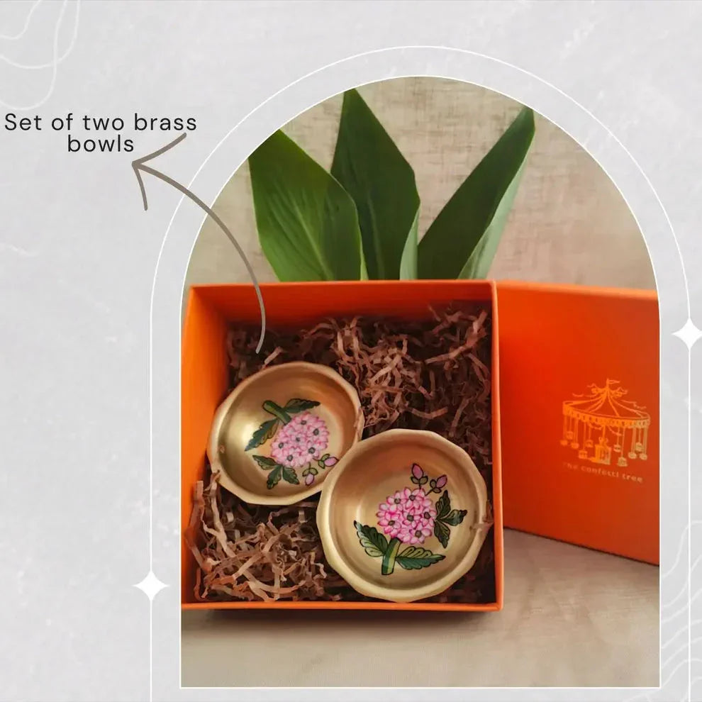 Handpainted Brass Nut Bowls | Artisan Brass Snack Bowls for Festive Gift Box & Home Decor- 2 Pc