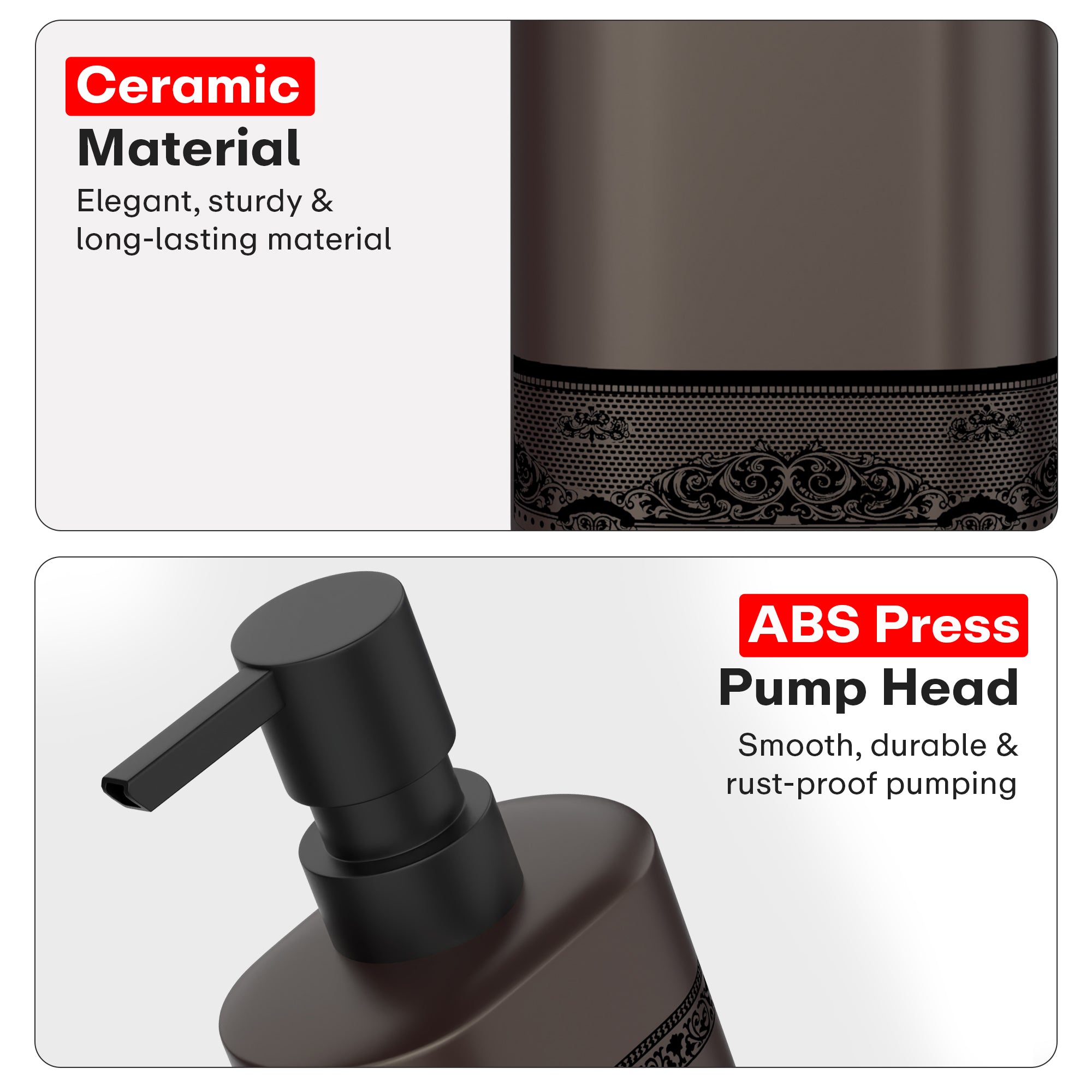 Rioware Outdoor Living Ceramic Liquid Soap Dispenser, 300ml, Multipurpose Refillable for Hand Wash, Dish Wash, Shampoo, Kitchen, Bathroom, and Household Use Pack of 1, Grey with Matte Black Accents