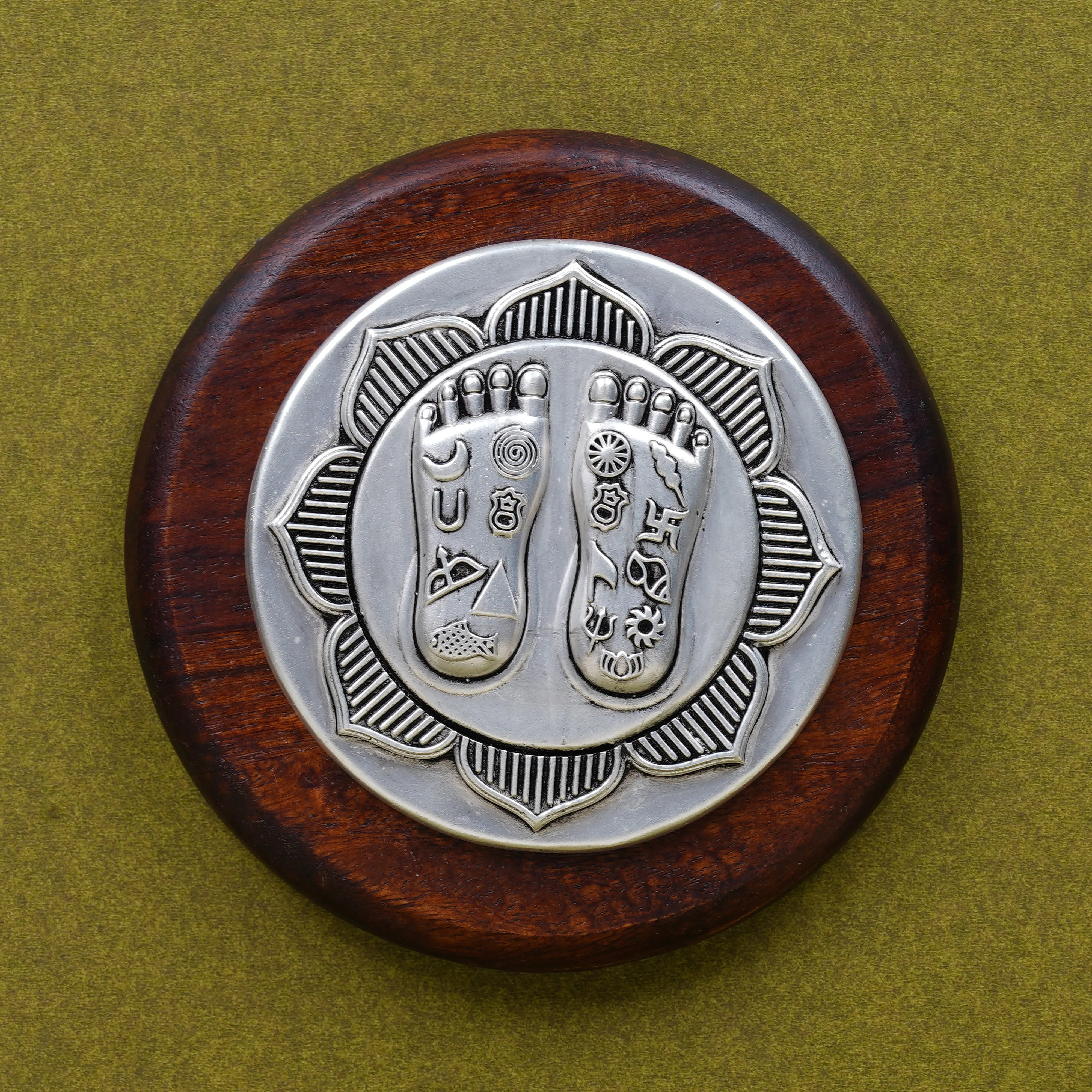 Silver Plated Brass Lakshmi Charan Sacred Goddess Feet Plaque On Wooden Plank