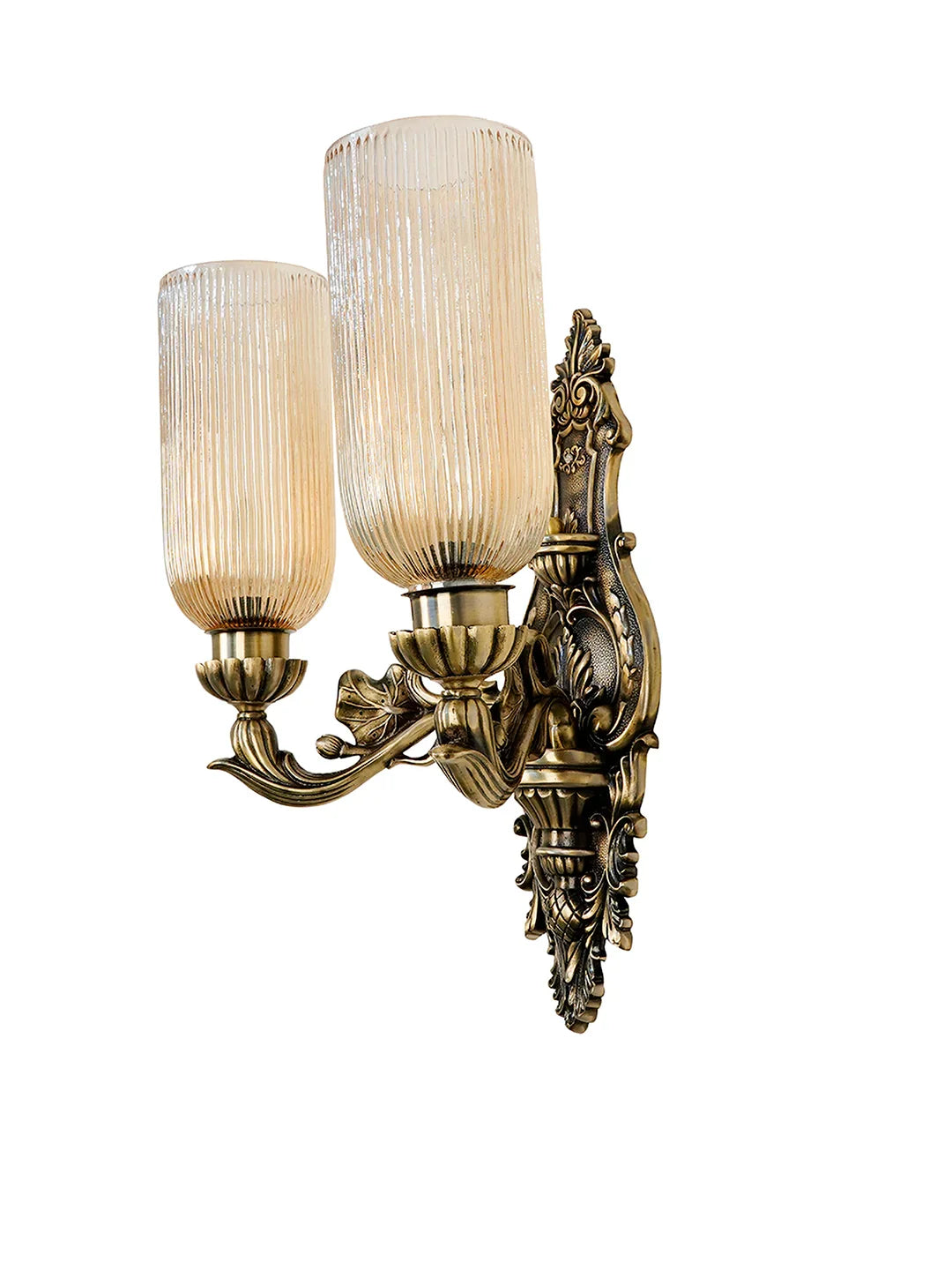 Antique Brass Cast Aluminium Ornate Wall Sconce with Golden Fluted Glass Shades