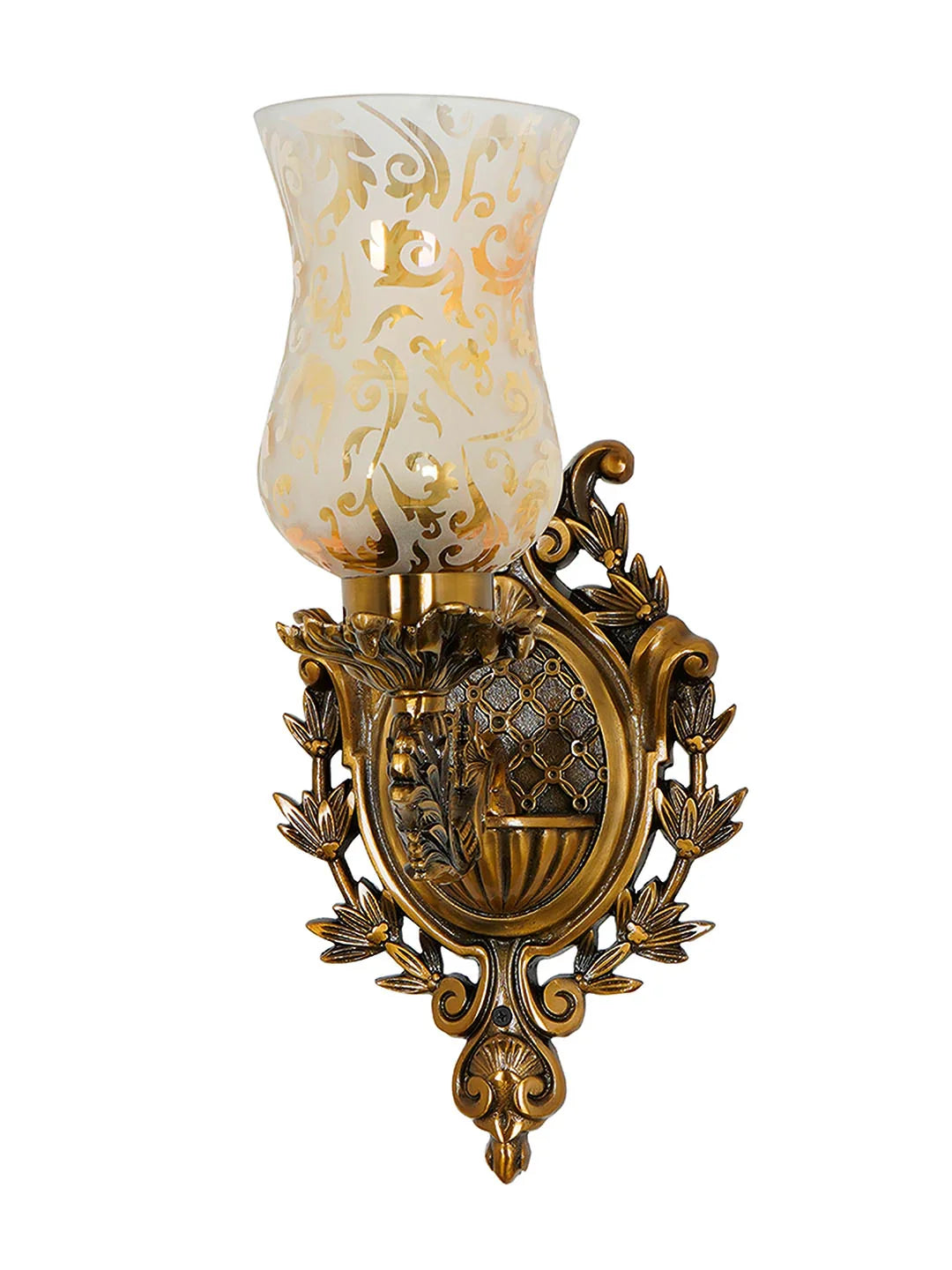 Antique Cast Aluminium Traditional Uplight Wall Sconce with Golden Etched Glass