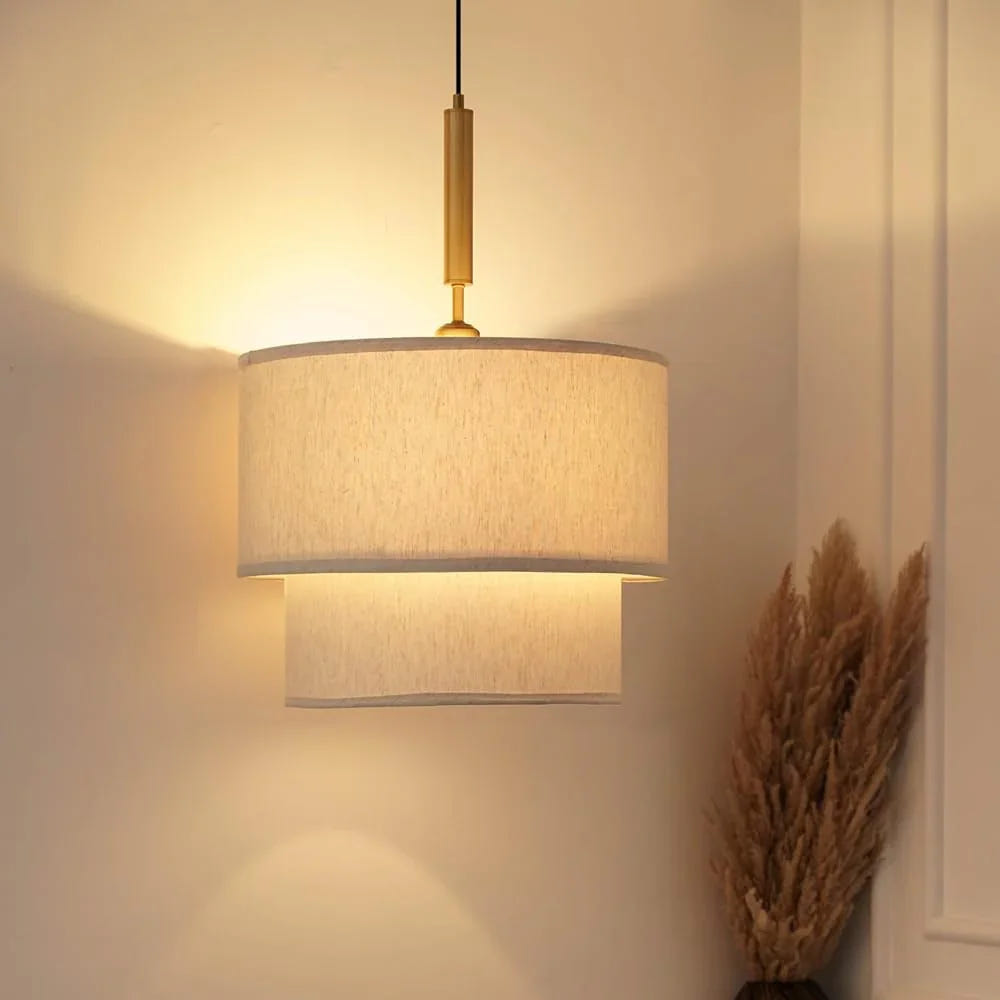 Double Decker Fabric Hanging Lamp Light | Beige Lamp Shade with Antique Brass Finish Pendant  Lamp