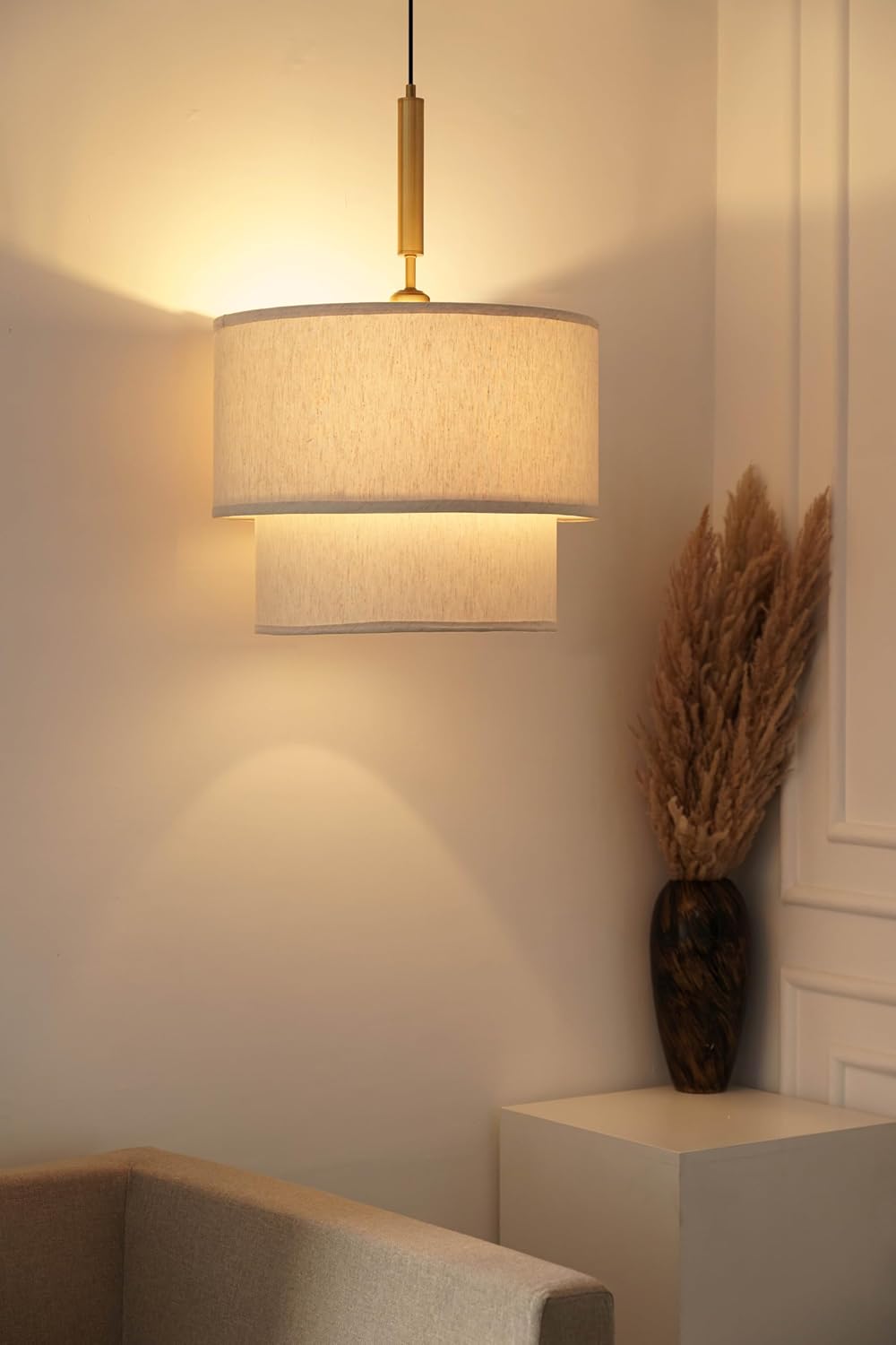 Double Beige Cotton Fabric Pendant Hanging Light Antique Brass Finish for Home Decoration, Restaurants, Cafes