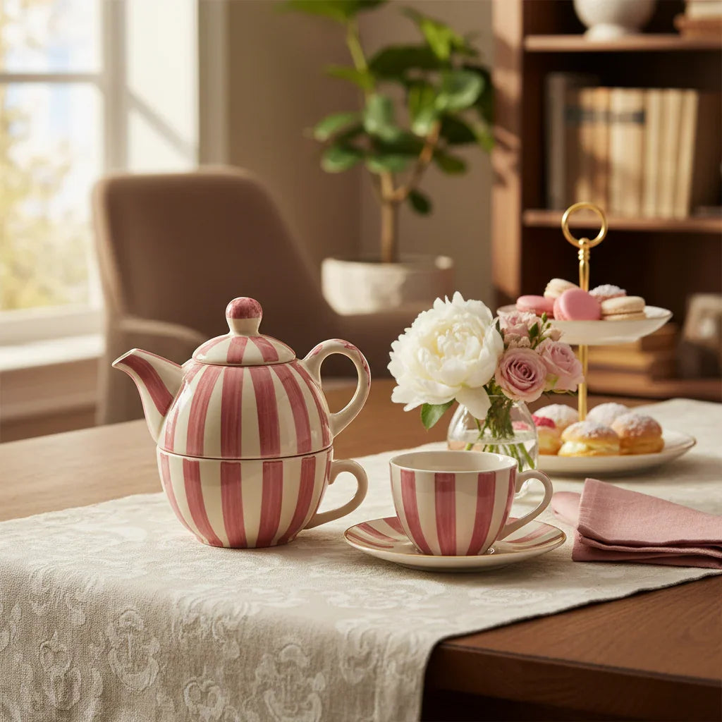 Handmade Ceramic Striped Tea Pot and Cup Set | Stoneware for Tea Lovers