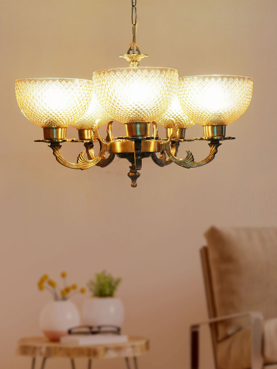 Classic Meena Aluminium 5 Lights Glass Chandelier in Antique Brass Finish