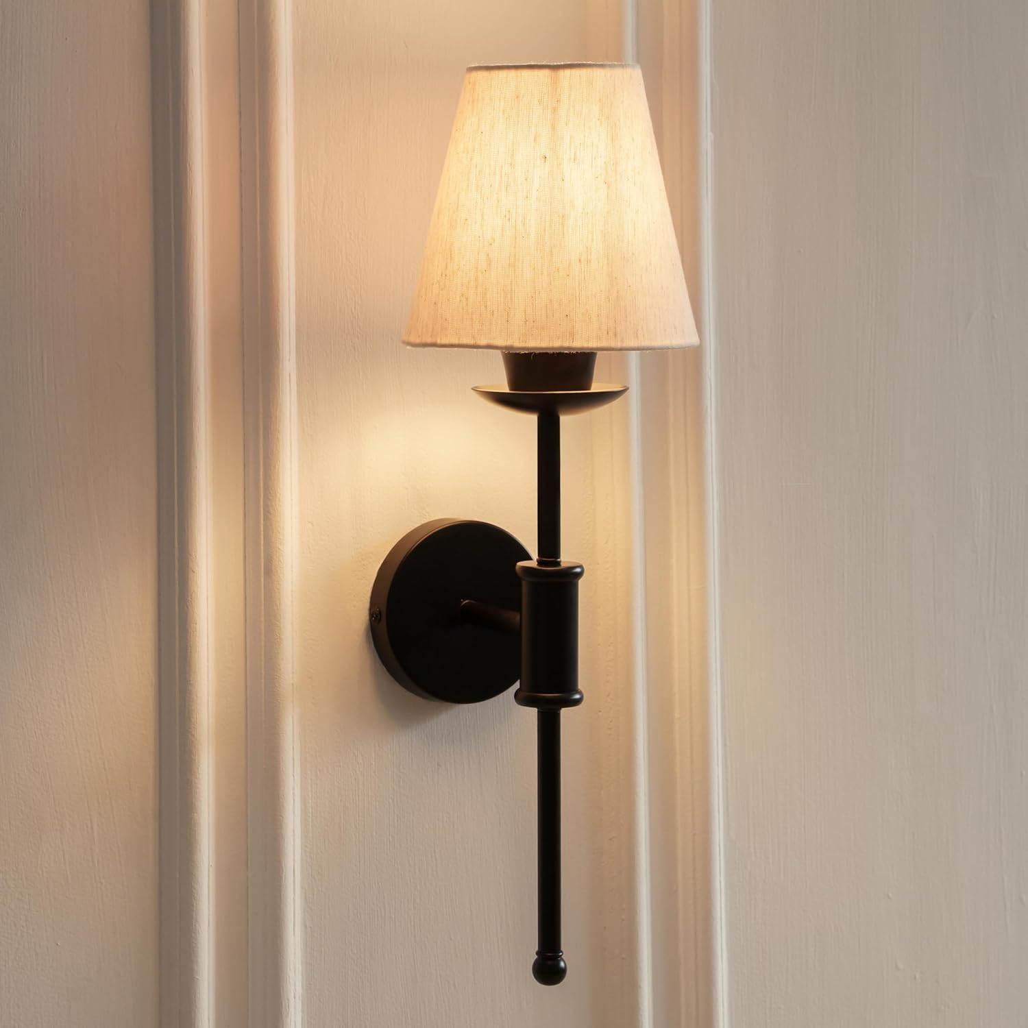 Black Polished Finish Spacer Wall Lamp with Off White Shade