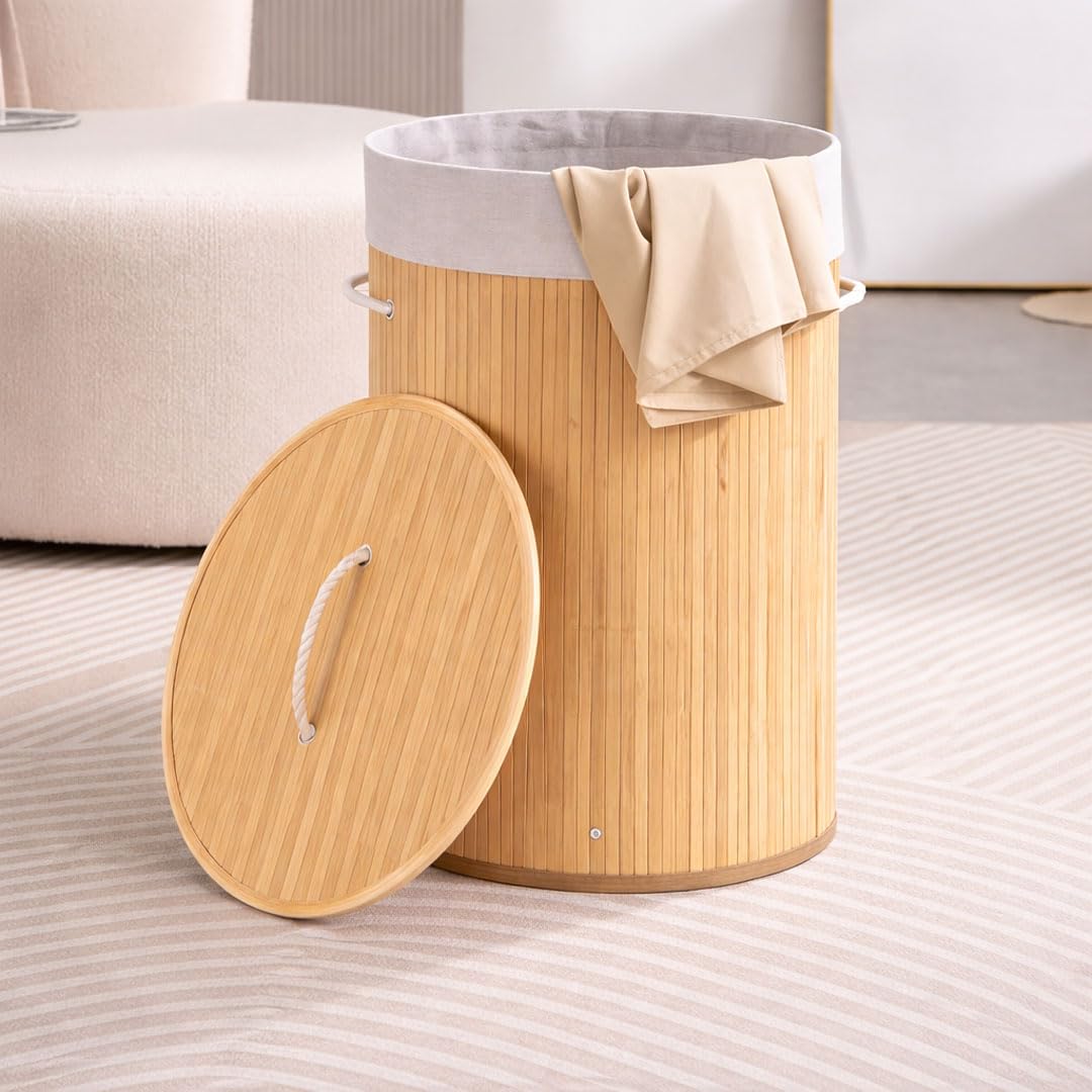 Bamboo laundry bag basket for clothes with lid toy storage organiser box foldable Round Home Organizer and Storage | Eco Friendly | Compact and Easy to carry