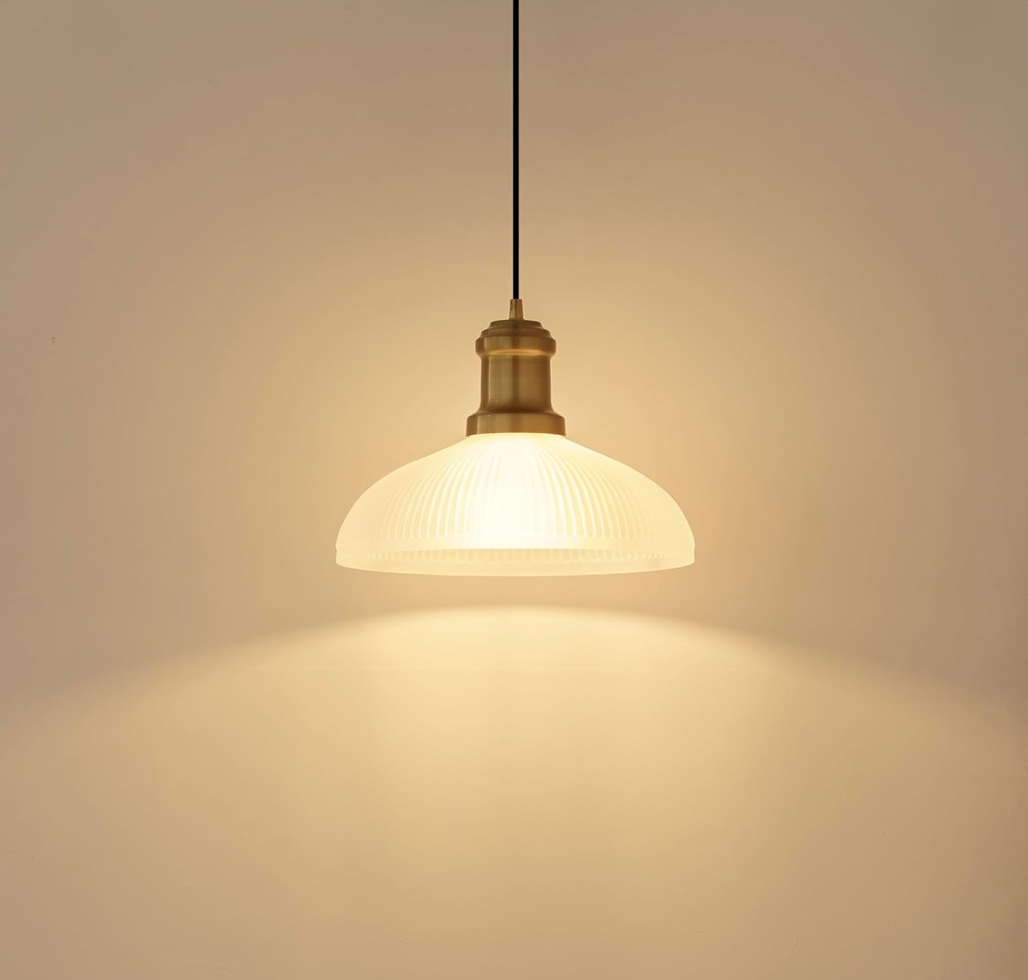 Ribbed Grey Luster Glass Pendant Light with Antique Brass Finish for Living Room, Bedroom, Kitchen and Dining