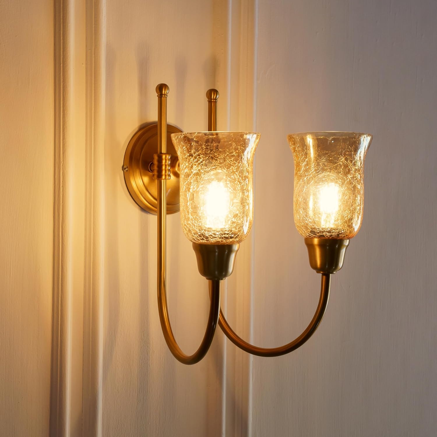 Double Hockey Wall Lamp Antique Brass Finish with Chimney Crackled Glass Shade for Living Room, Bedroom and Home Decoration