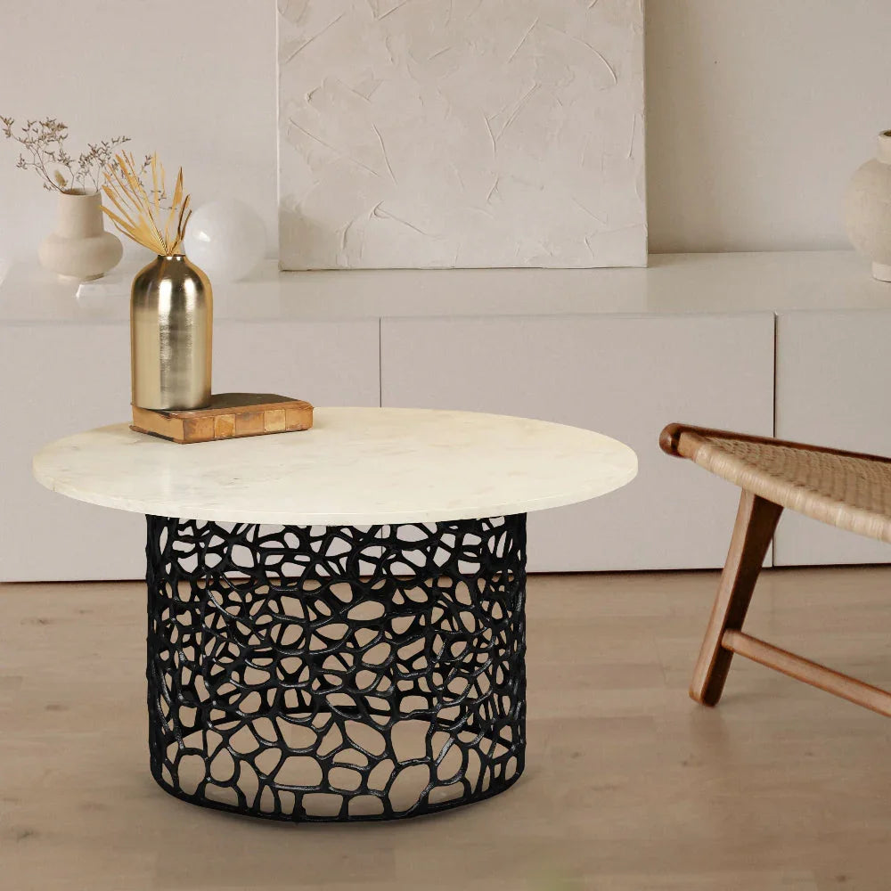 Dolce Marble Side Table | Designer Round End Table For Living Room |  Luxurious Teapoy Table