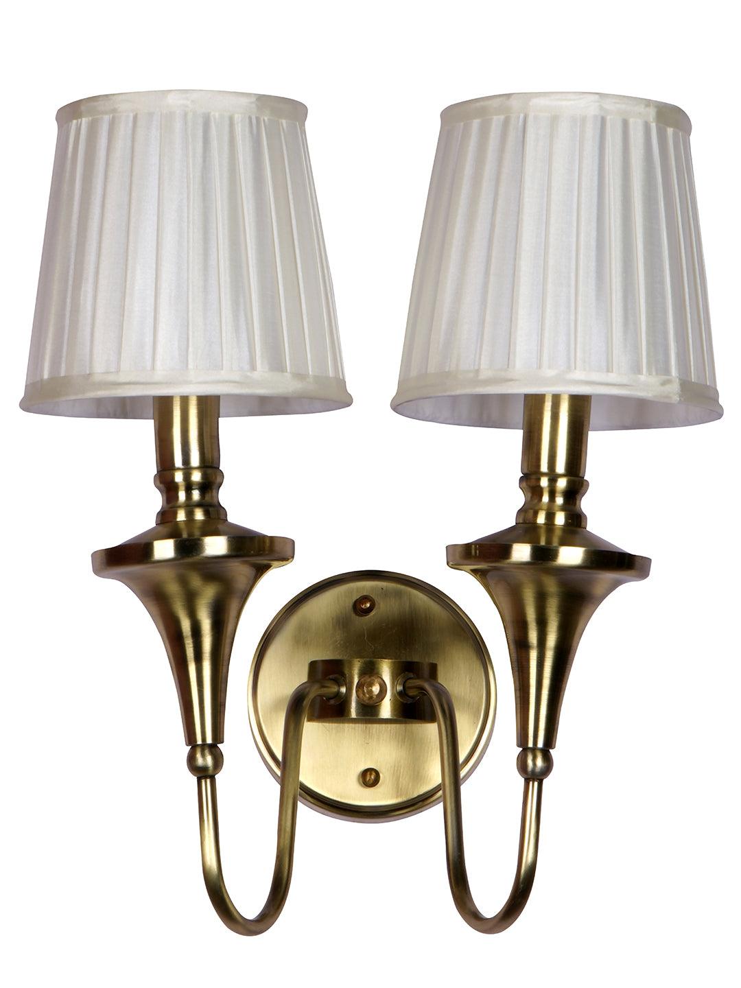 Gold Transitional 15 Inch Brass Finish Double Wall Lamp Light With White Pleated Fabric Shades