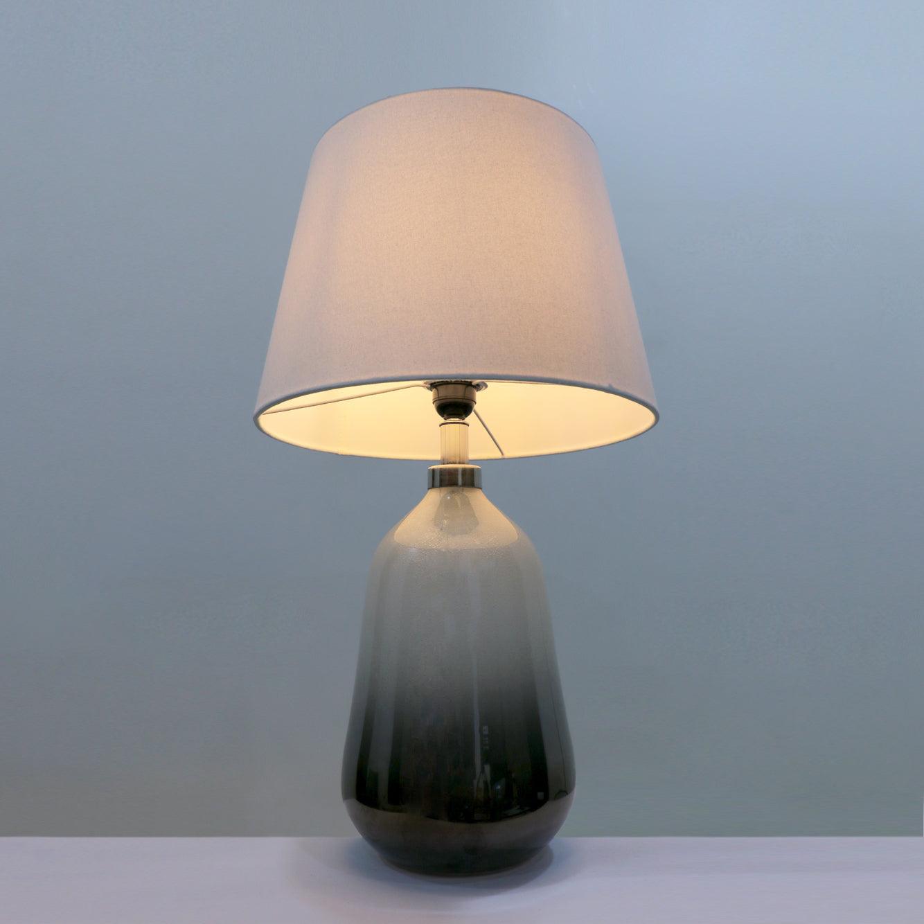 Smoke Grey Glass Table Lamp for Living Room | Modern Ombre Study Lamp with White Linen Shade