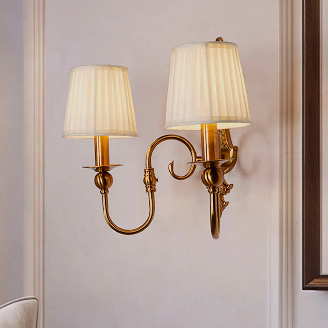 Gold European-style Double Light Steel Wall Sconce With 6 Inch Pleated Fabric Shades