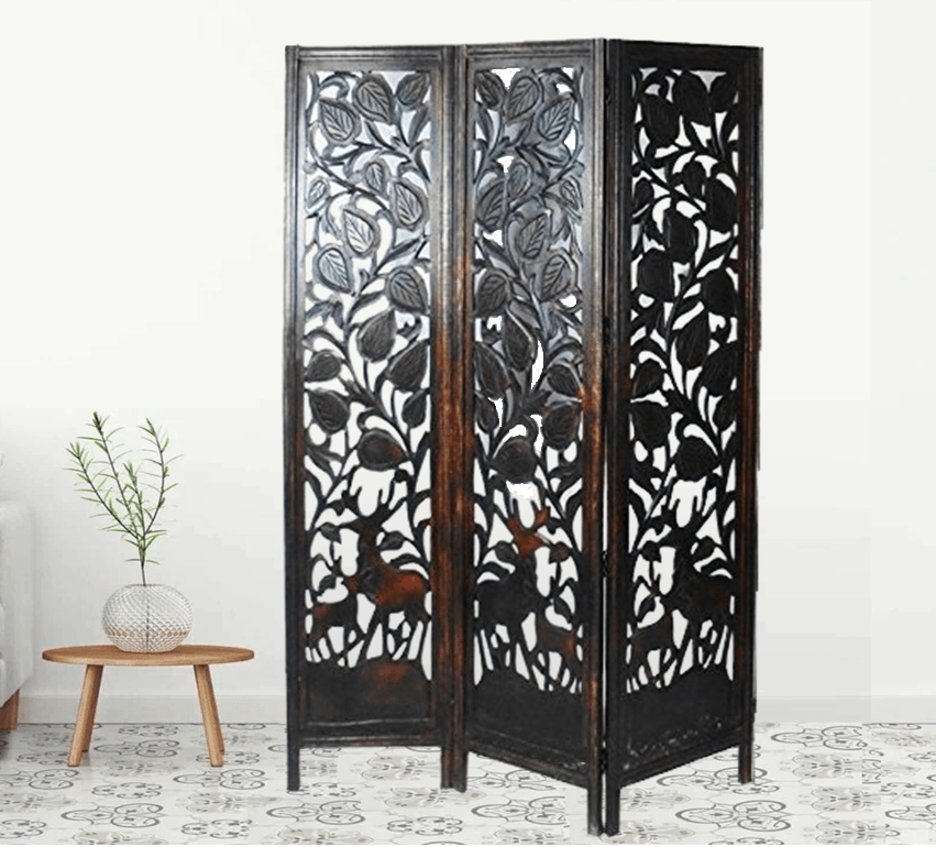 Hand Carved Mango Wood Folding Room Divider with MDF Jali