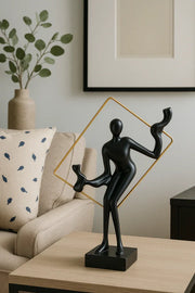 Elegant Black Abstract Metal Sculpture with Golden Geometric Frame – Modern Table Décor for Living Room, Office & Gifting – 12 inch Height