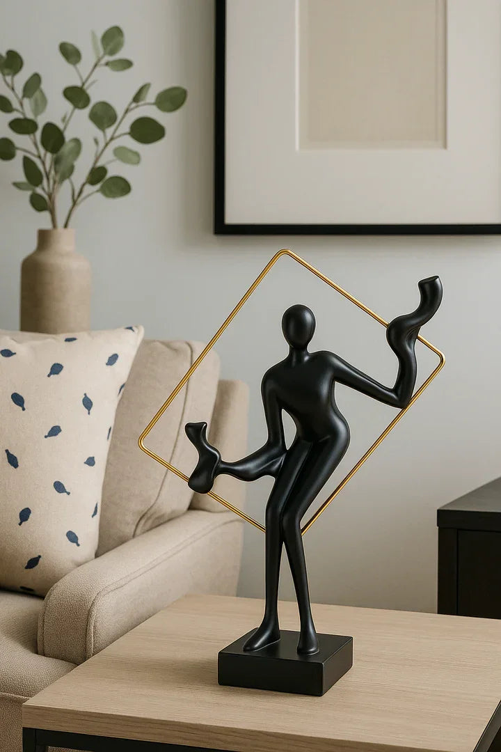 Elegant Black Abstract Metal Sculpture with Golden Geometric Frame – Modern Table Décor for Living Room, Office & Gifting – 12 inch Height