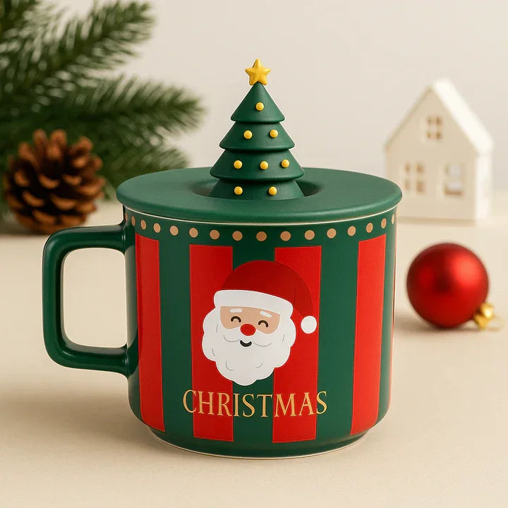 Christmas Ceramic Cup With Silicon Lid | Multipurpose Xmas Mug with Lid