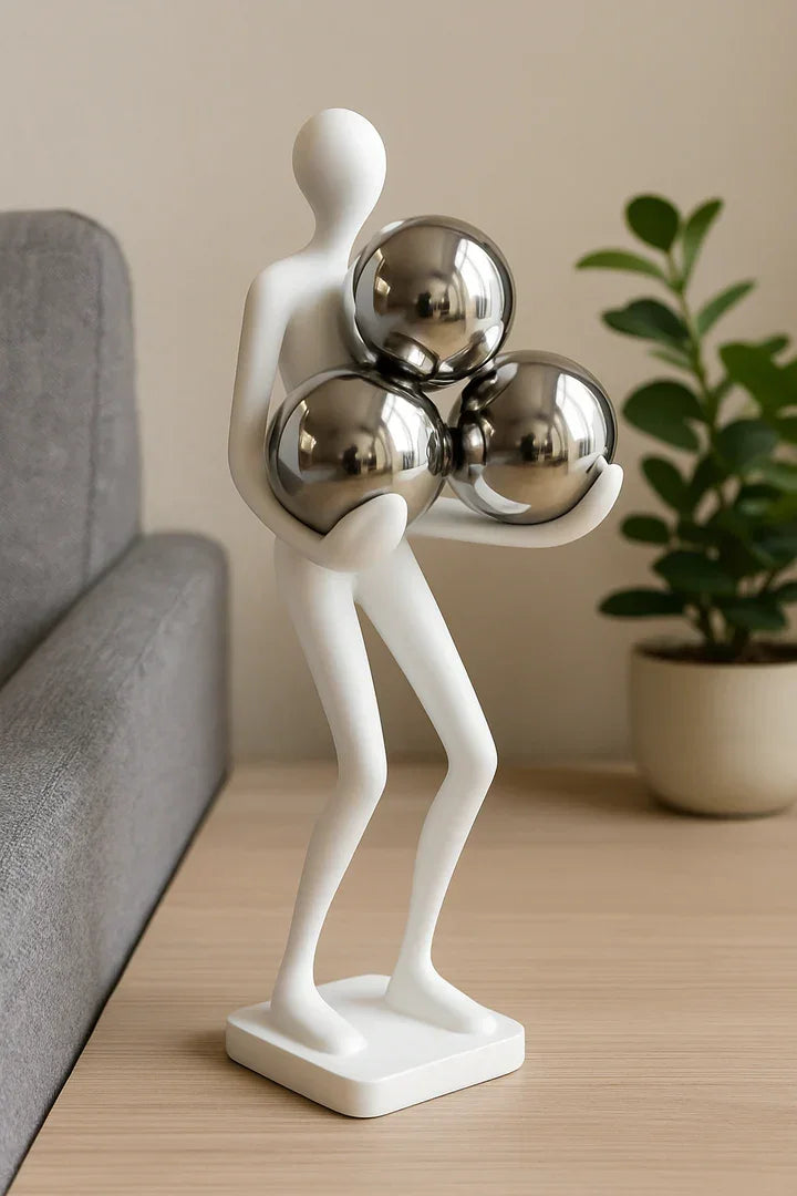 Black Resin Human Figurine with Metallic Spheres | Modern Table Décor | Designer Showpiece for Living Room