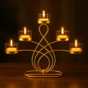 Elegant 5-Arm T-Light Candle Holder | Gold Metal Stand with Glass Cups | Home Décor Accent
