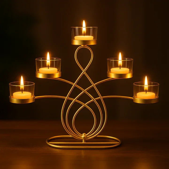 Elegant 5-Arm T-Light Candle Holder | Gold Metal Stand with Glass Cups | Home Décor Accent