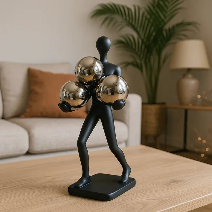 Black Resin Human Figurine with Metallic Spheres | Modern Table Décor | Designer Showpiece for Living Room