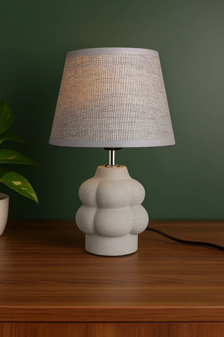 Modern Grey Table Lamp with Fabric Shade Concrete Texture Resin Base