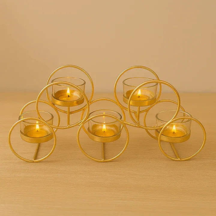 Elegant Gold Metal & Glass T-Light Candle Holder – 5 Holder Design
