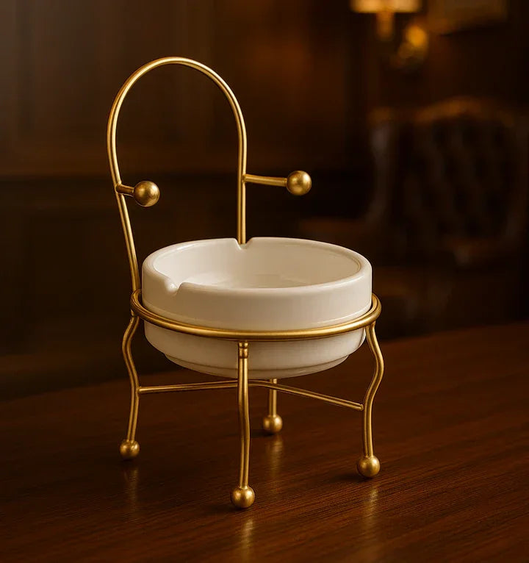 Metal Ashtray with Holder | Gold & White Cigarette Ashtray