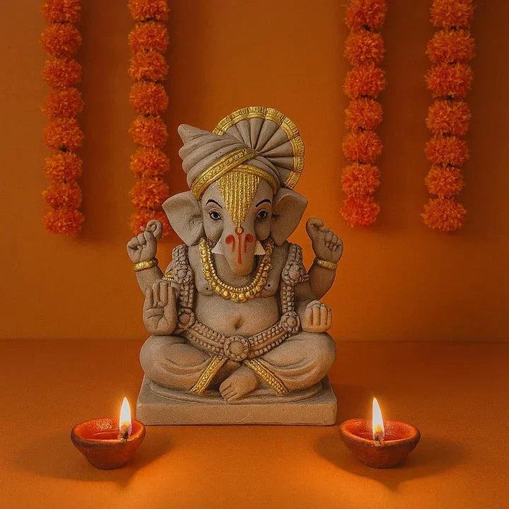 6 Inch Mukut Clay Eco Friendly Golden Touch Dagdusheth Ganesh ji
