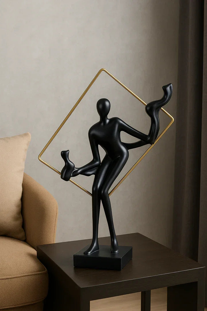 Elegant Black Abstract Metal Sculpture with Golden Geometric Frame – Modern Table Décor for Living Room, Office & Gifting – 12 inch Height