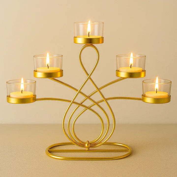 Elegant 5-Arm T-Light Candle Holder | Gold Metal Stand with Glass Cups | Home Décor Accent